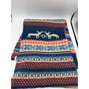 Jack Wills Fair Isle Knit Scarf Blue Red Cream Reindeer Snowflake Winter Wool